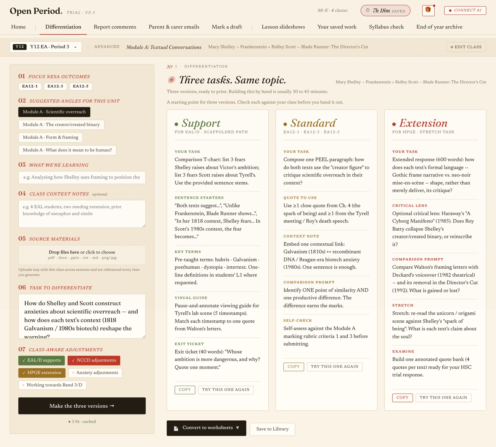 One task differentiated into three columns — Support, Standard and Extension — on the same topic.