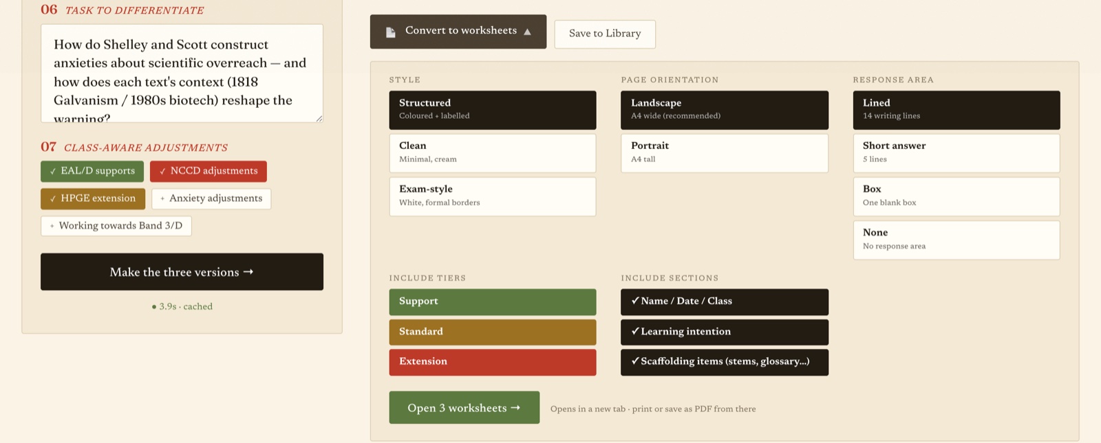 The worksheet builder options: style, page orientation, response area, tiers and sections.