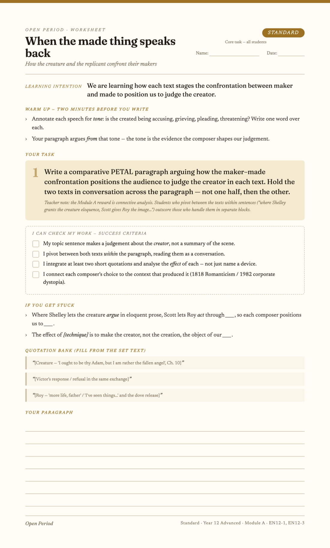 A printable Standard worksheet: a comparative PETAL paragraph task with quote bank and self-check.