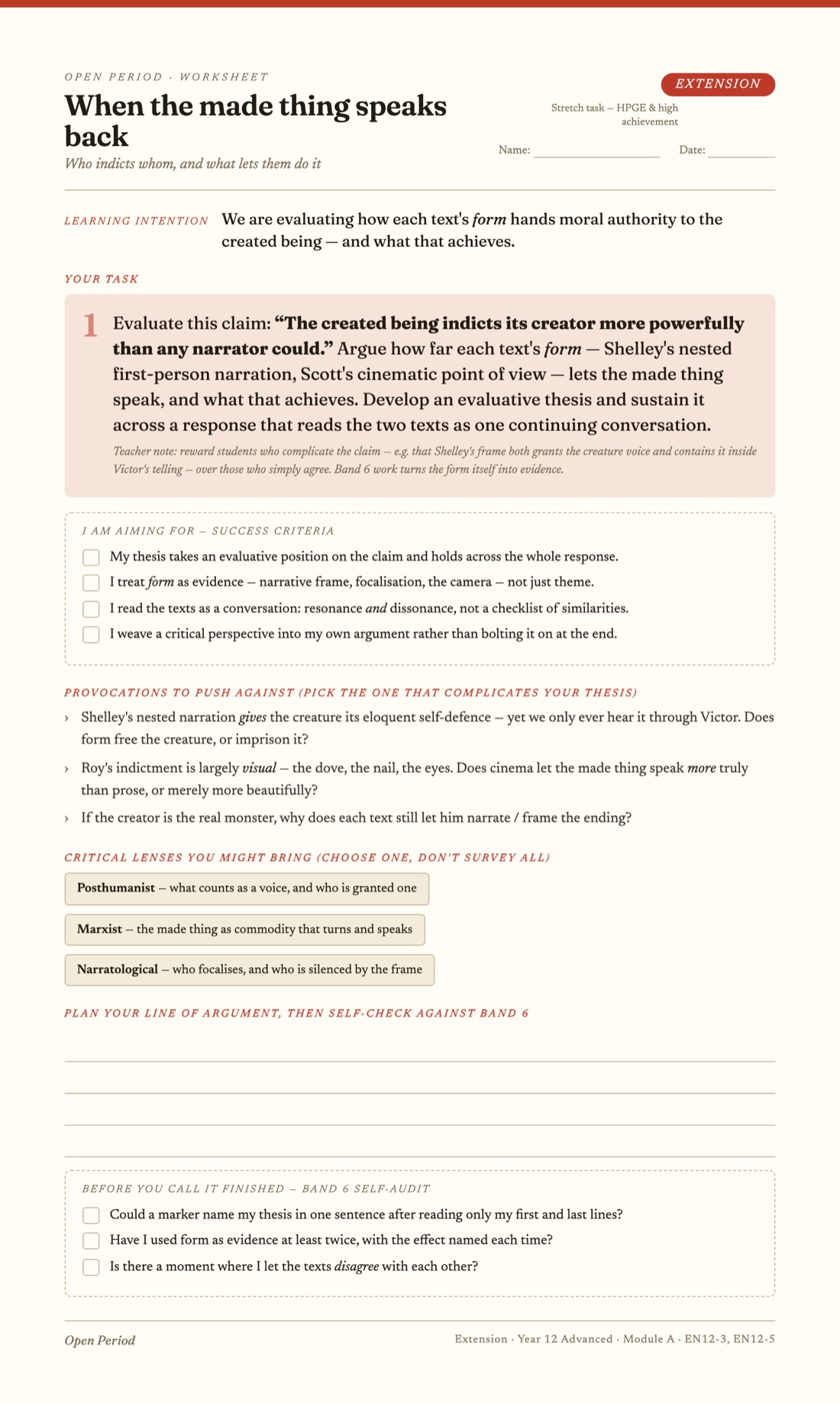 A printable Extension worksheet: an evaluative task on form with critical lenses and a Band 6 self-audit.